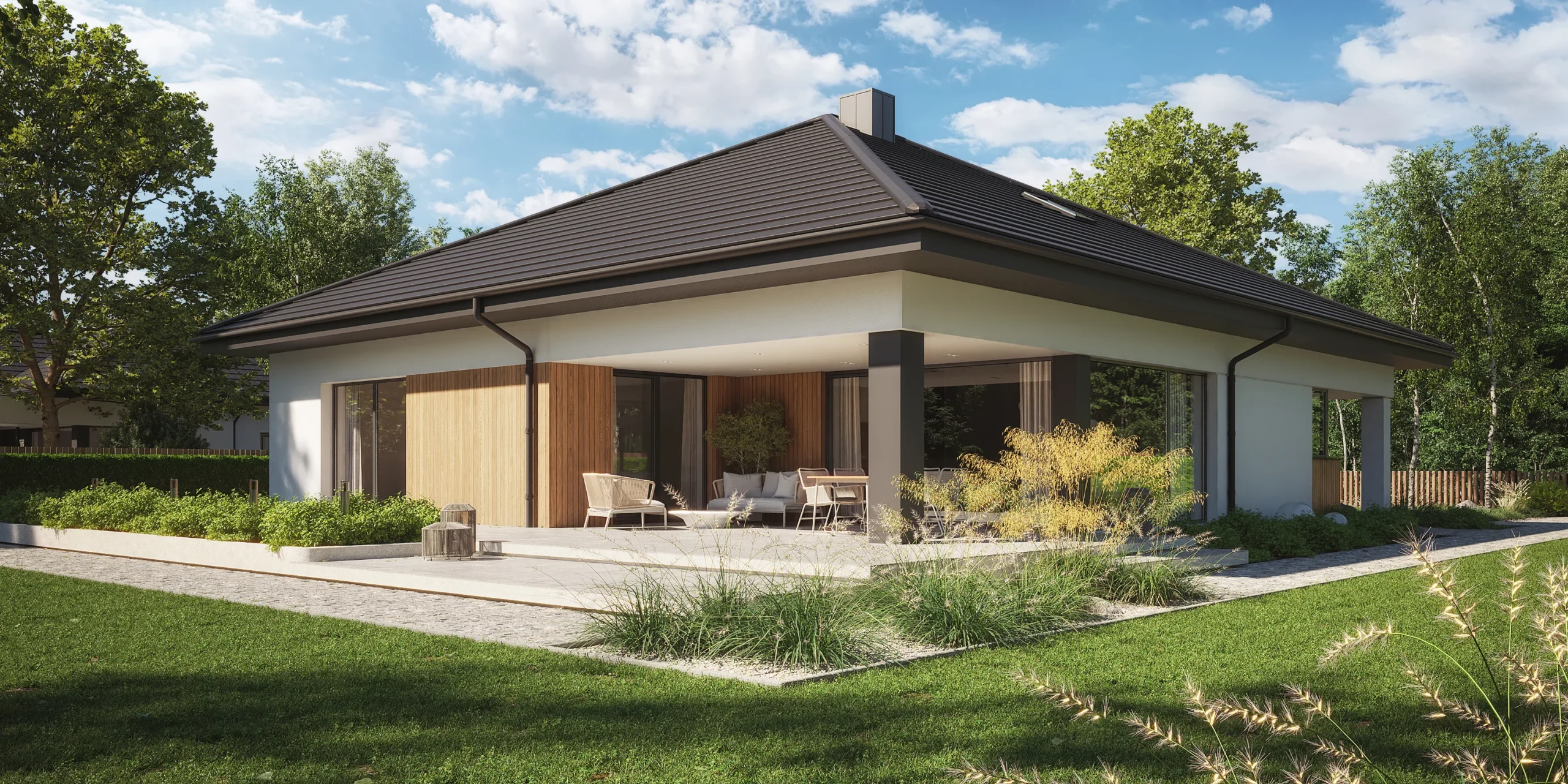 Widok projektu domu NewHouse 771 z zadaszonym tarasem przy salonie