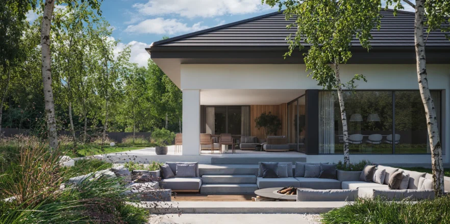 Widok na strefę wypoczynkową w parterowym domu Modern House NewHouse 770w1