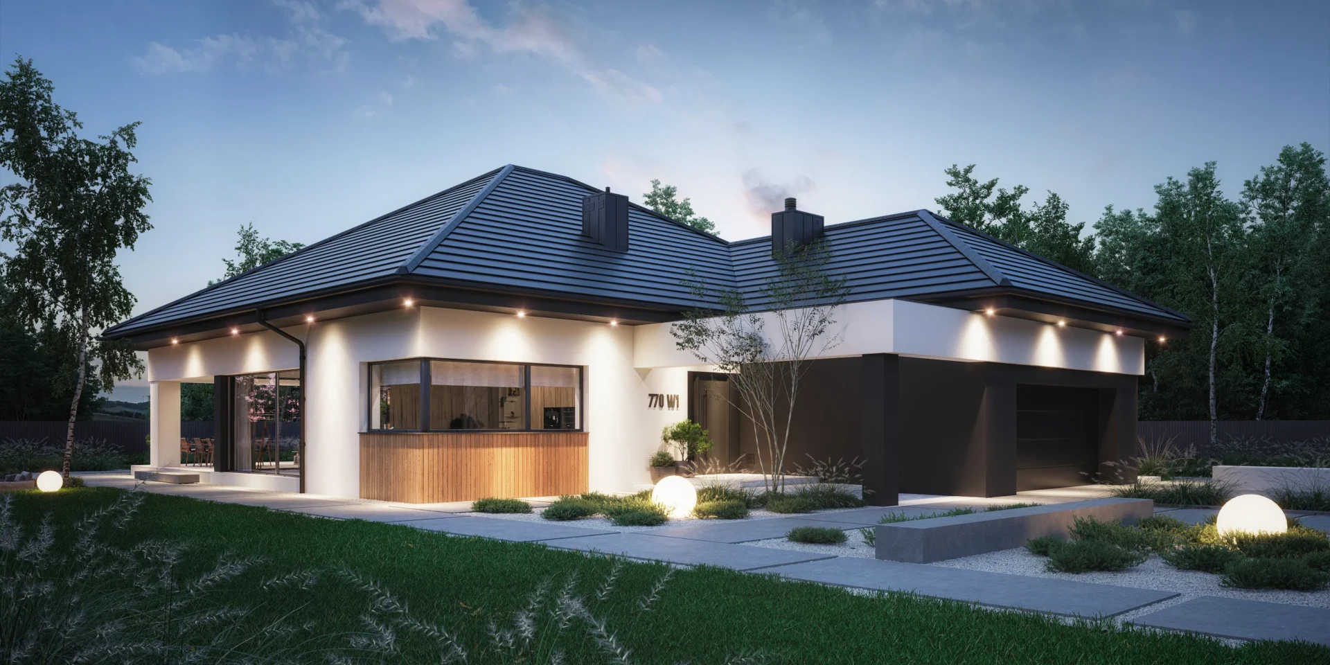 Nowoczesny dom parterowy z zadaszonym tarasem przy salonie i wysuniętym garażem na dwa auta Modern House NewHouse 770w1