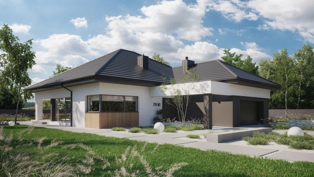 Parterowy dom z wielospadowym dachem pokrytym grafitowa dachówką płaską Modern House projekt NewHouse 770w1