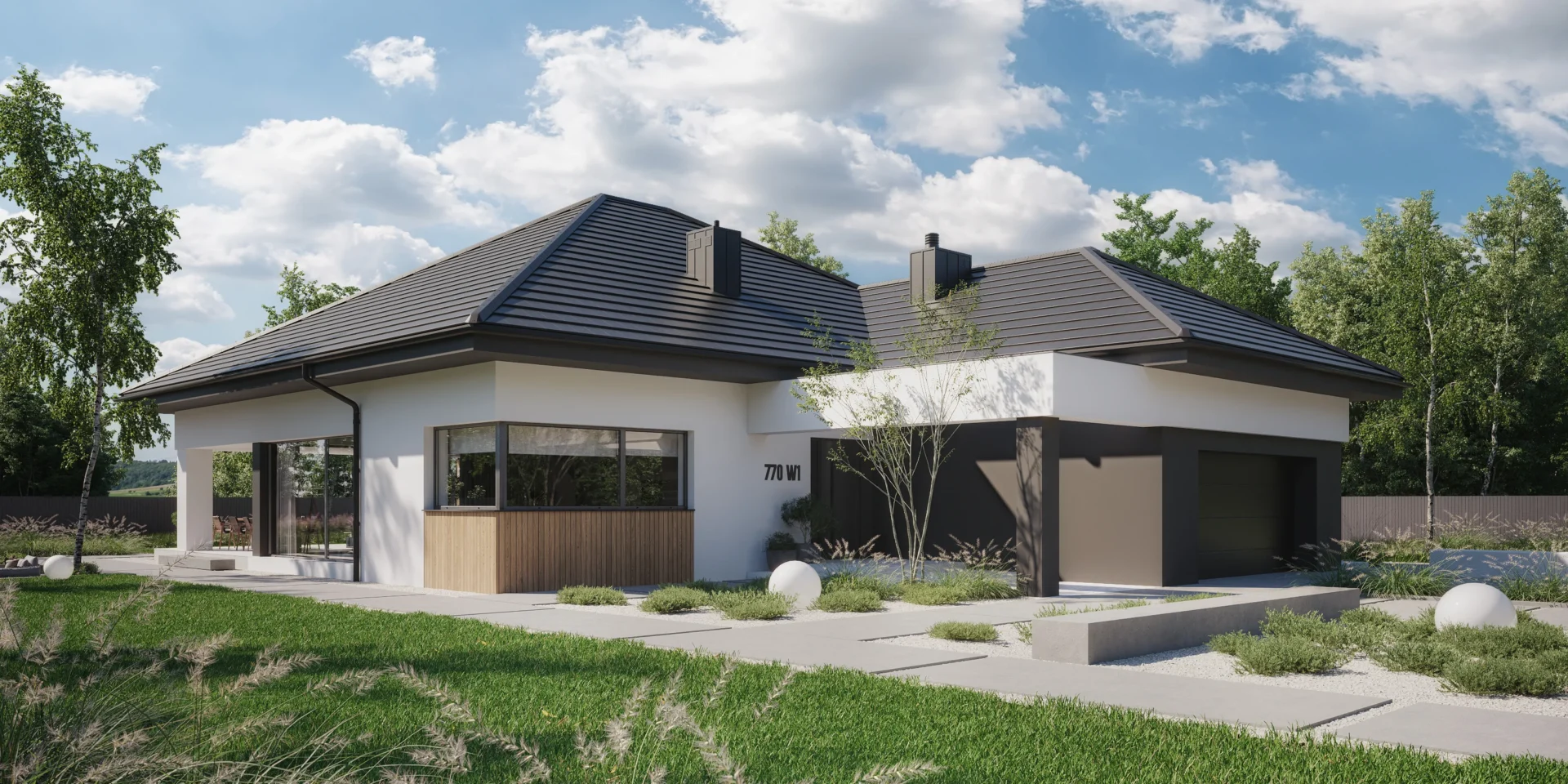 Parterowy dom z wielospadowym dachem pokrytym grafitowa dachówką płaską Modern House projekt NewHouse 770w1