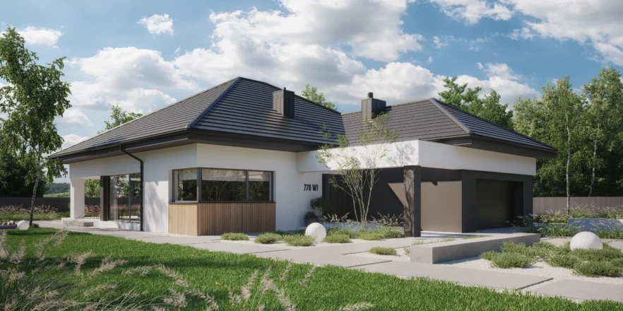 Parterowy dom z wielospadowym dachem pokrytym grafitowa dachówką płaską Modern House projekt NewHouse 770w1