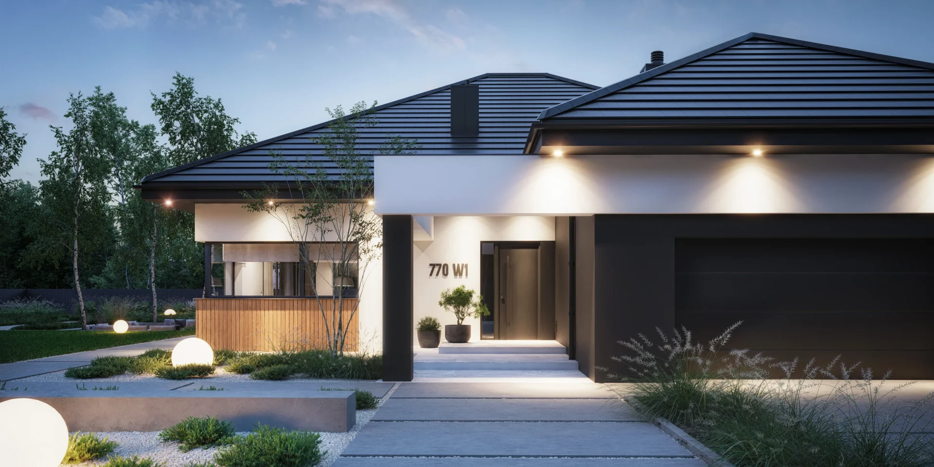 Widok na front parterowego domu z garażem w grafitowym tynku i białą belką nad wejściem Modern House NewHouse 770w1