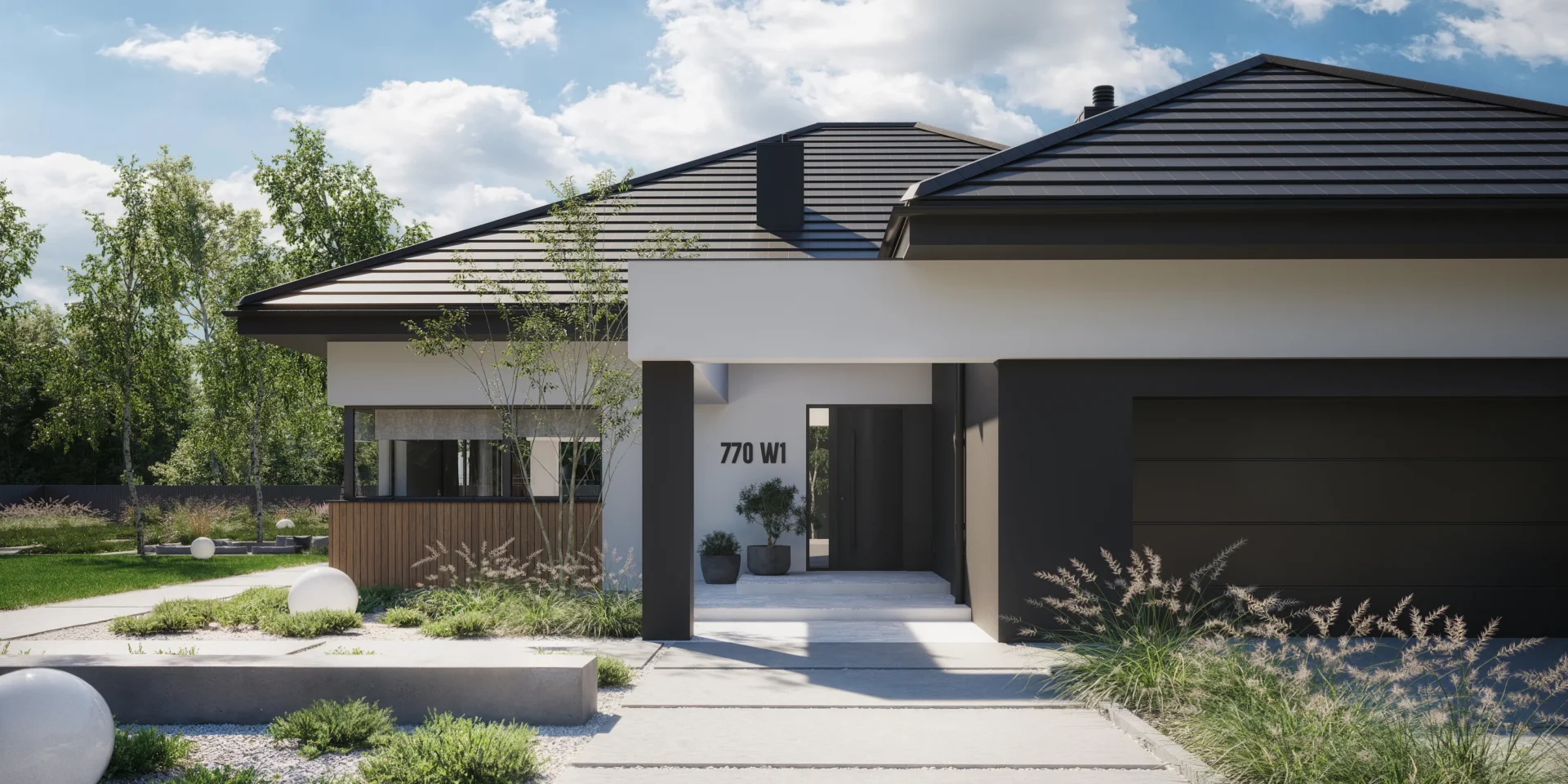 Strefa wejściowa do parterowego domu z wysuniętym garażem i białą, ozdobną belką nad wejściem Modern House NewHouse 770w1