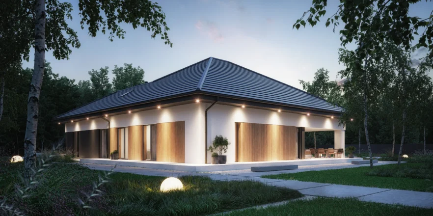 Oświetlenie w podsufitce w parterowym projekcie domu Modern House NewHouse 770w1