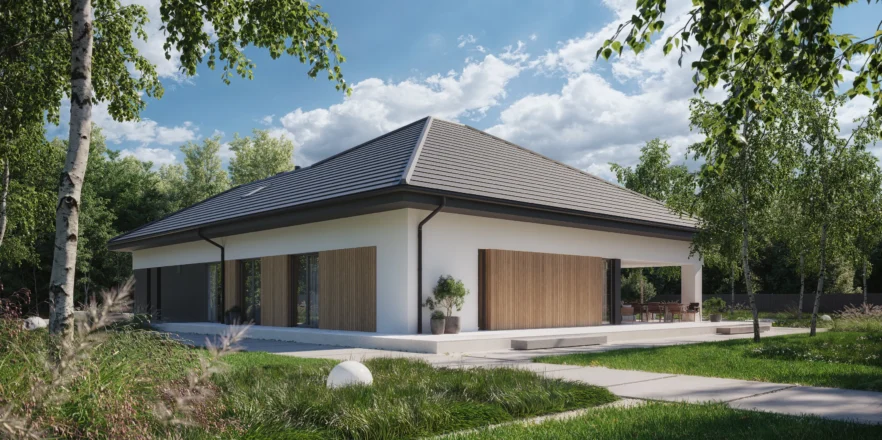 Nowoczesna elewacja z białego tynku połączonego z jasnym drewnem projekt Modern House NewHouse 770w1