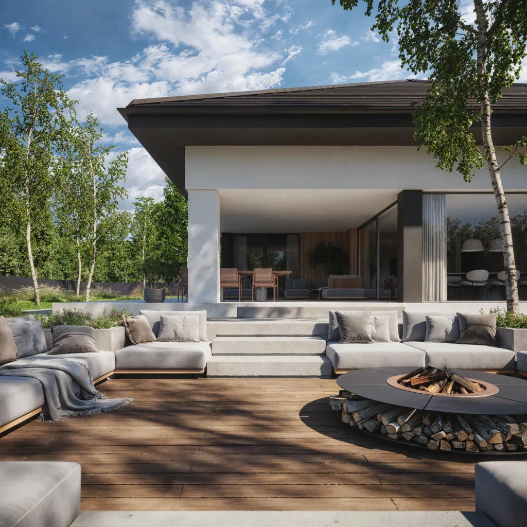 Nowoczesny, zadaszony taras przy salonie parterowego domu projekt Modern House NewHouse 770w1