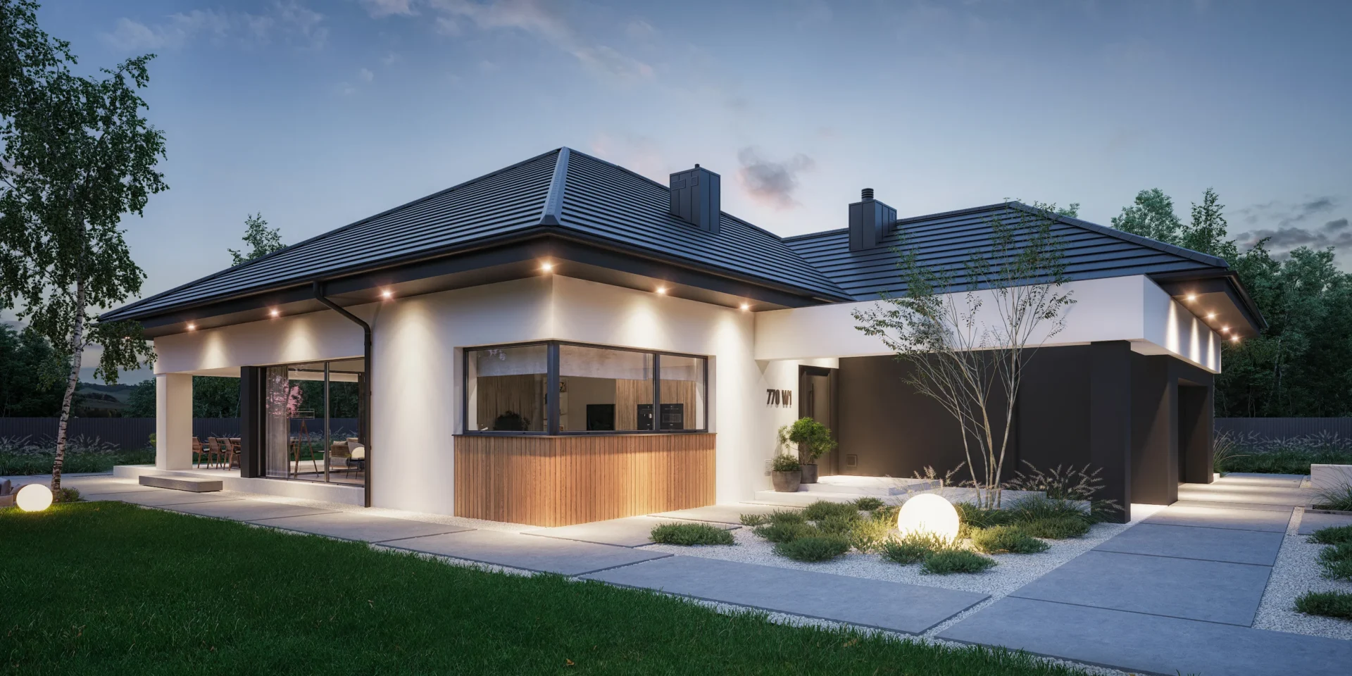 Widok na front domu parterowego z wysuniętym garażem w grafitowym tynku projekt Modern House NewHouse 770w1