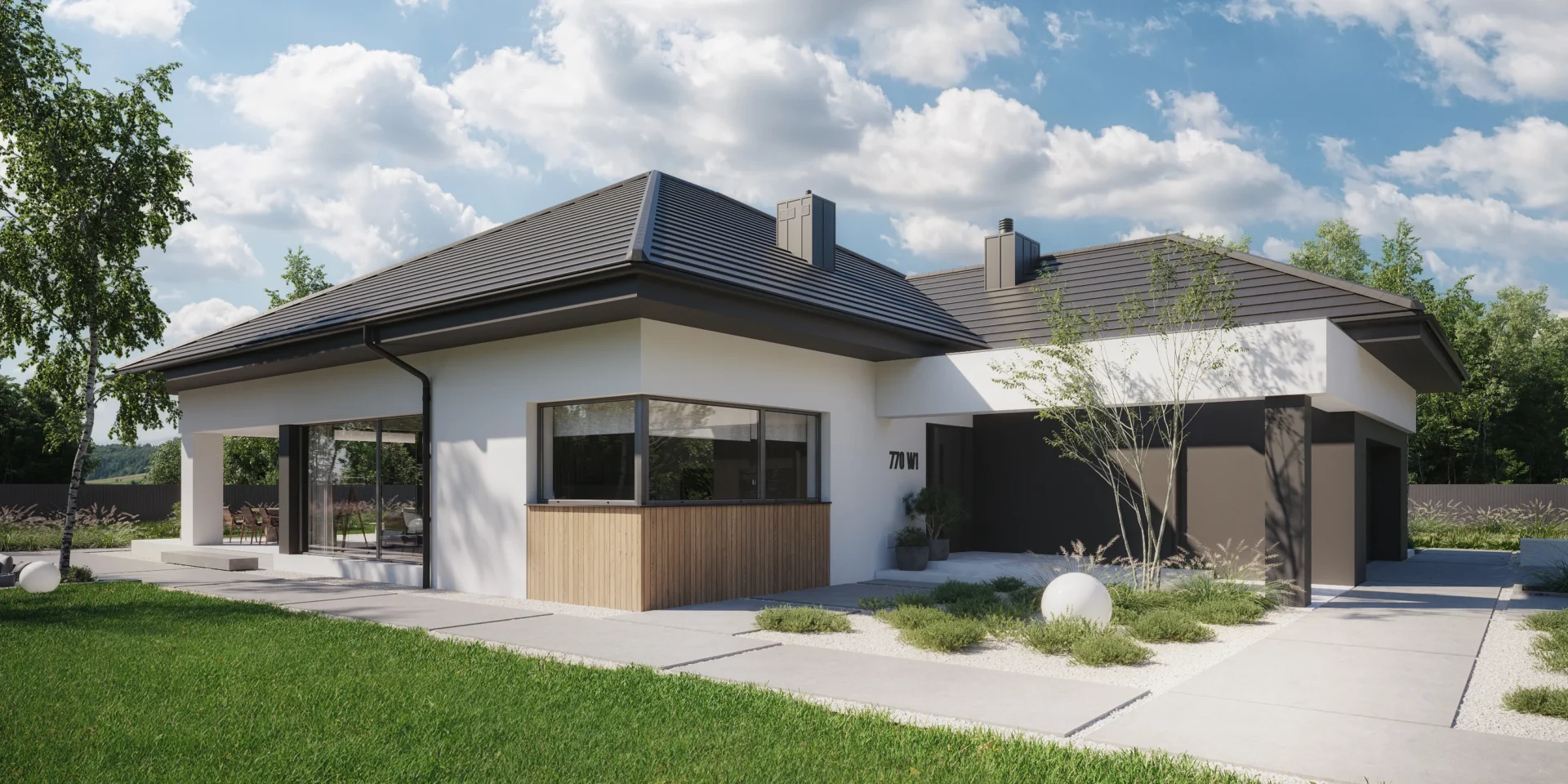 Parterowy dom z wysuniętym garażem, grafitowy dach wielospadowy projekt Modern House NewHouse 770w1