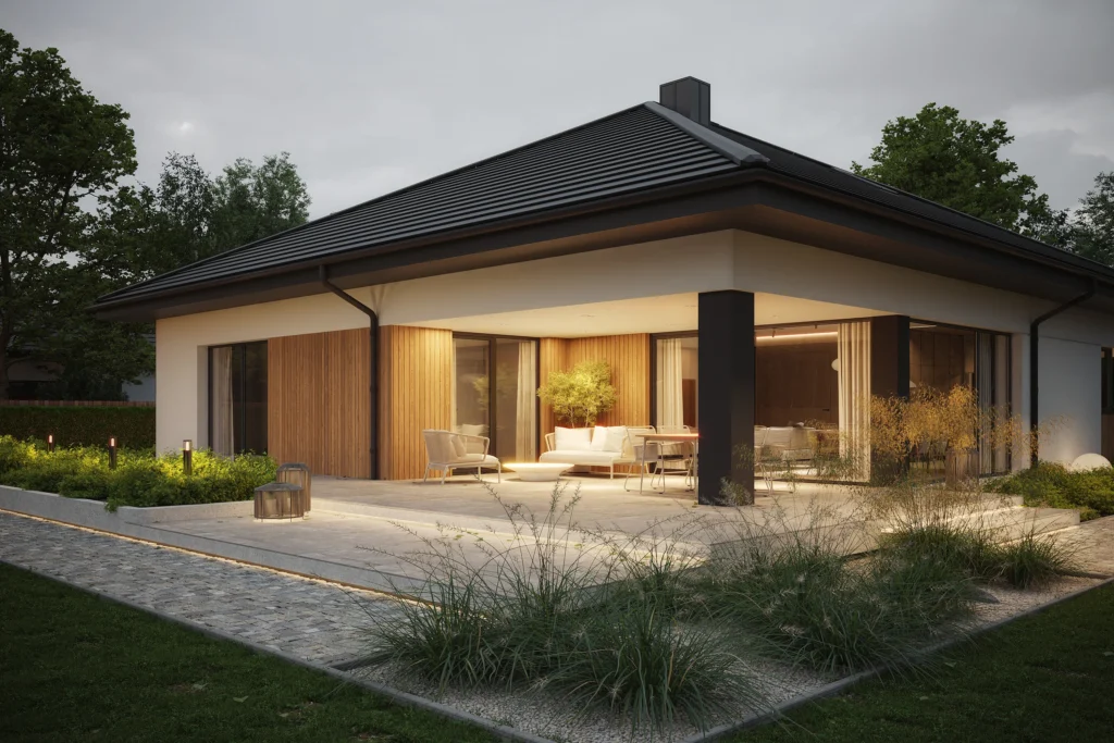 Projekty domów parterowych do 150 m² - 10 propozycji MODERN HOUSE 16 18 Nowoczesny projekt domu z zadaszonym tarasem przy salonie Modern House New House 771