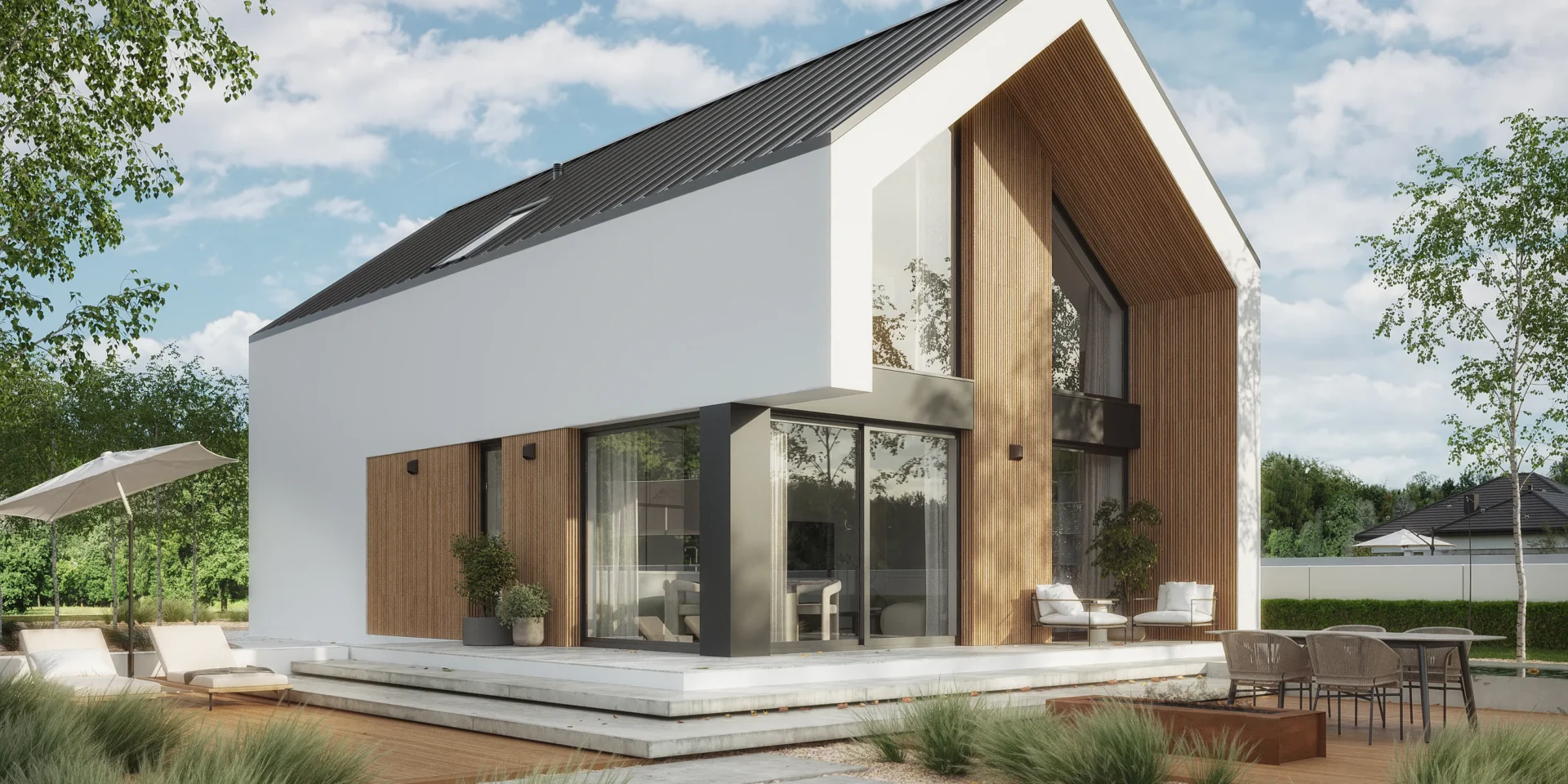 Mały dom z poddaszem i dużymi przeszkleniami NewHouse 747
