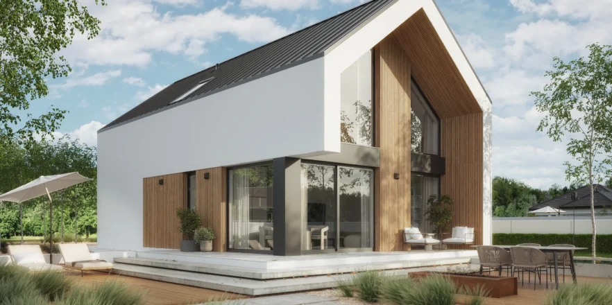 Mały dom z poddaszem i dużymi przeszkleniami NewHouse 747