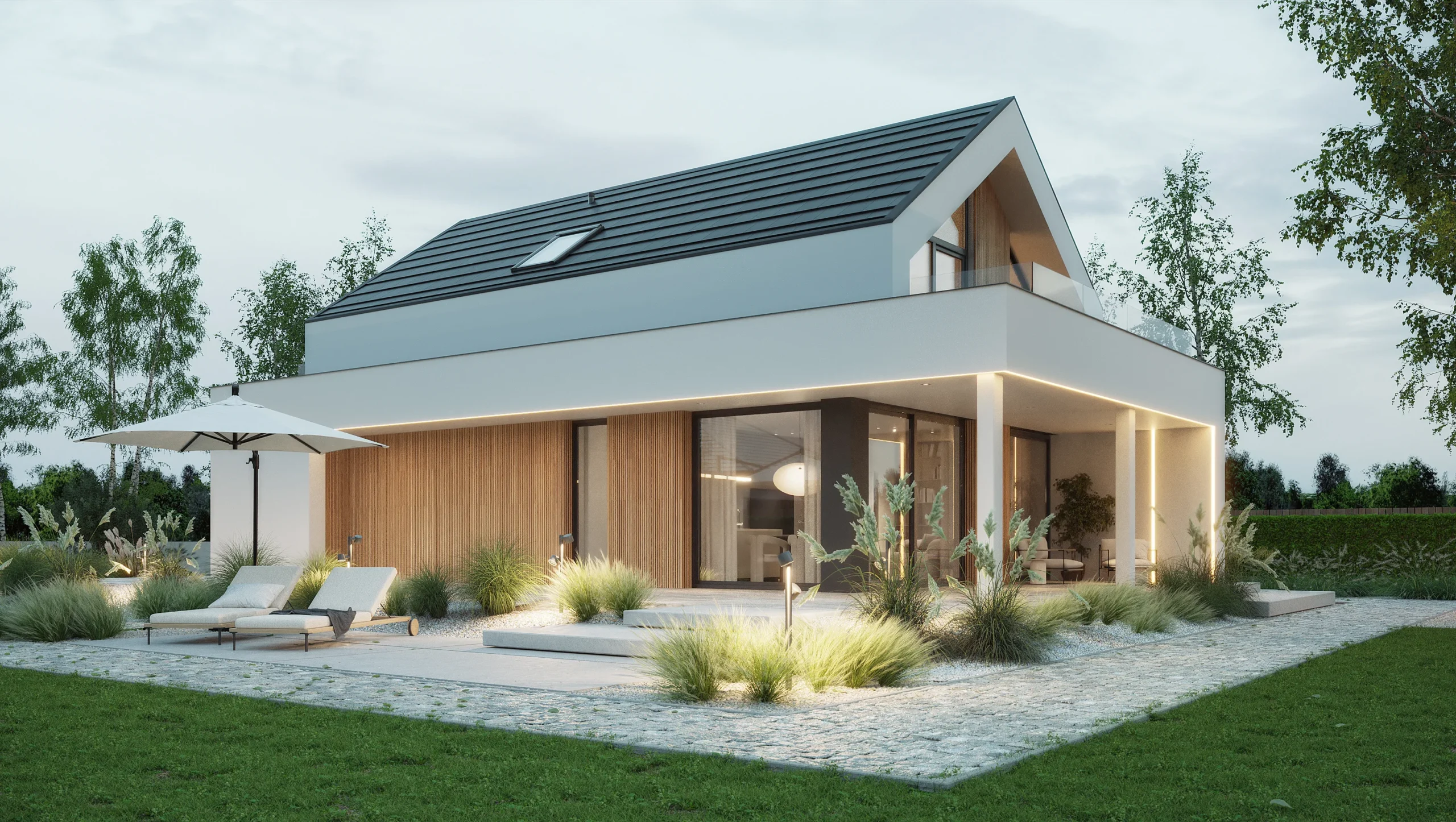 Projekt domu z poddaszem, dachem dwuspadowym, jasną elewacją z drewnem NewHouse 749 w1 Modern House