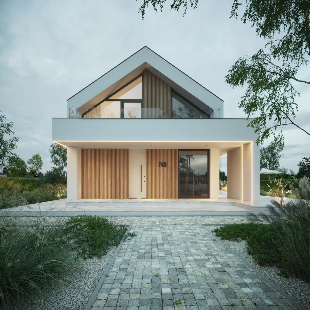 Front nowoczesnego domu jednorodzinnego bez garażu, grafitowe okna i białe drzwi wejściowe Modern House NewHouse 749