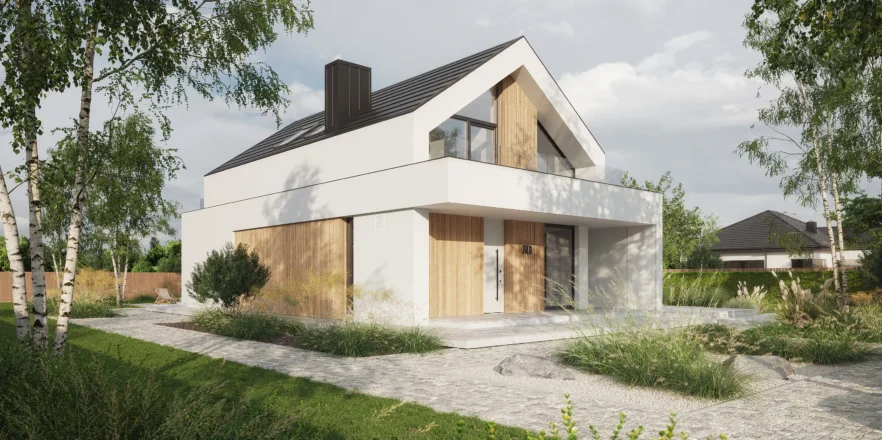 Mały dom z poddaszem, białymi drzwiami i zadaszoną strefą wejściową Modern House NewHouse 749