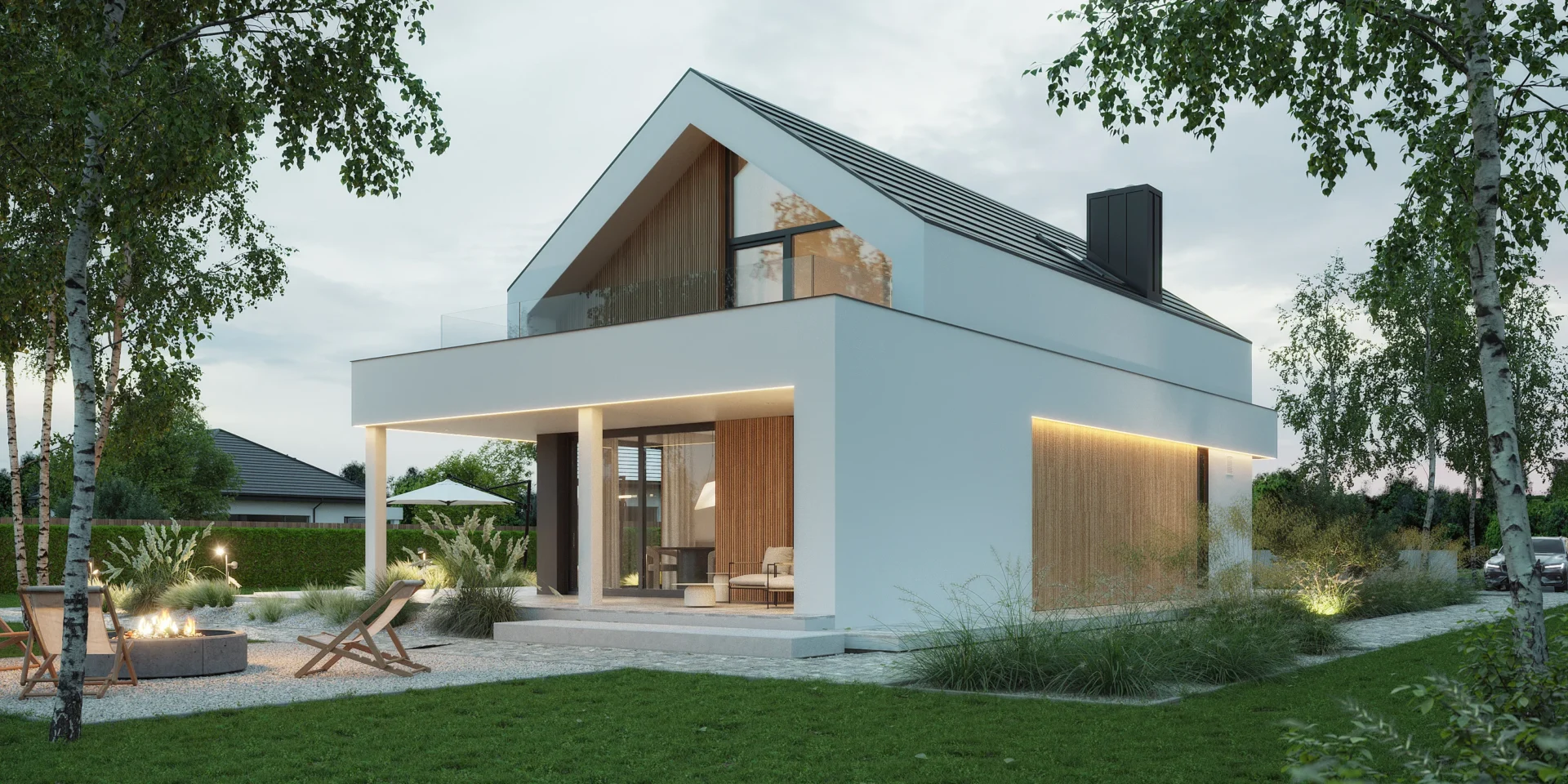 Nowoczesny dom stodoła z białą elewacją i lamelami elewacyjnymi imitującymi drewno projekt Modern House NewHouse 749