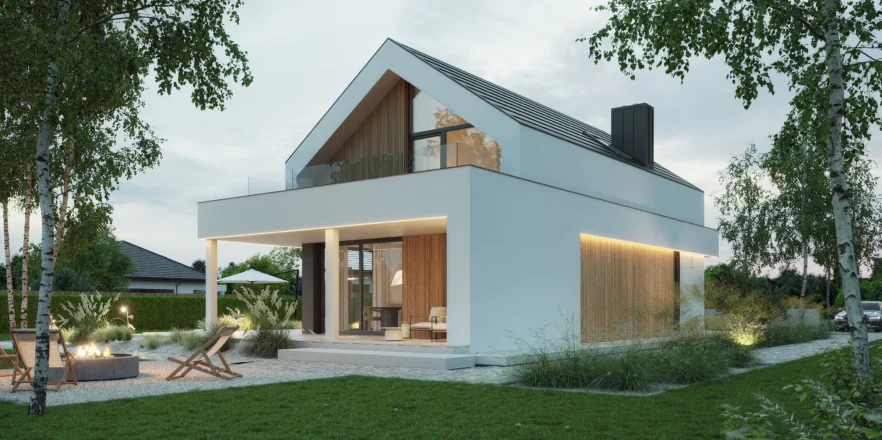 Nowoczesny dom stodoła z białą elewacją i lamelami elewacyjnymi imitującymi drewno projekt Modern House NewHouse 749