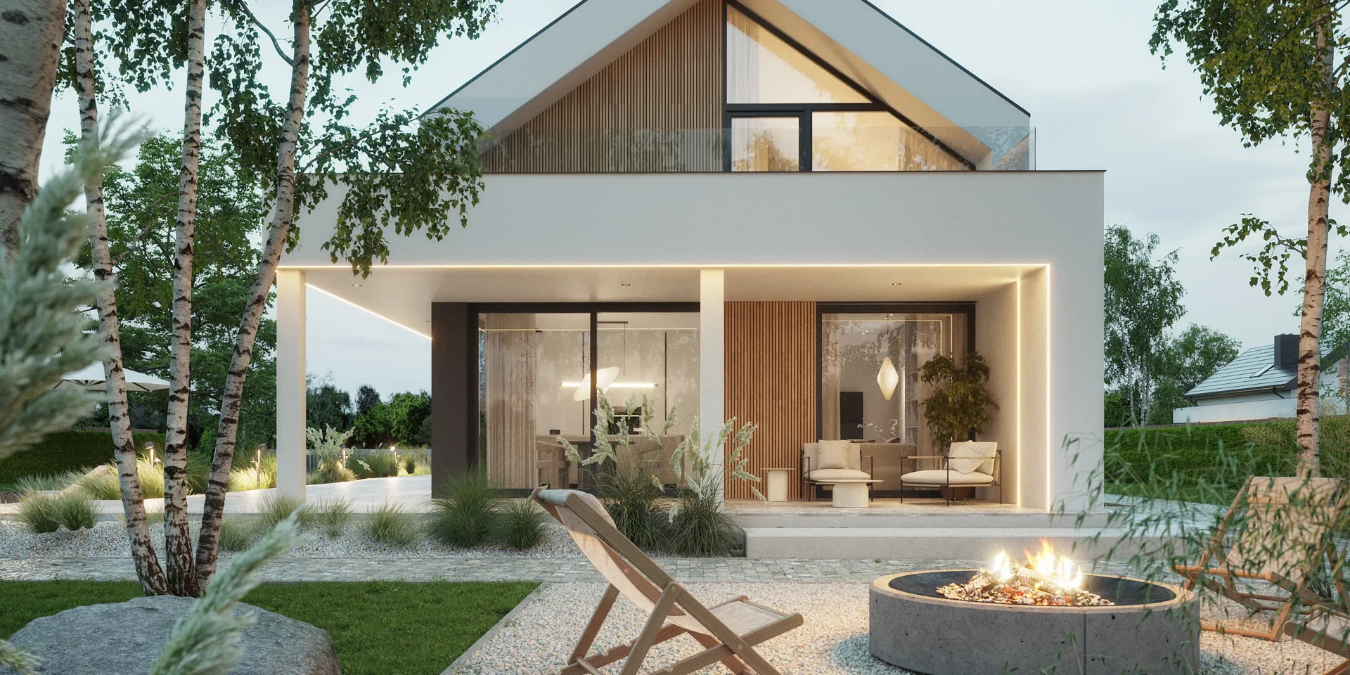 Nowoczesny dom z białą elewacją, dużymi przeszkleniami, otoczony ogrodem z kamienną ścieżką Modern House NewHouse 749