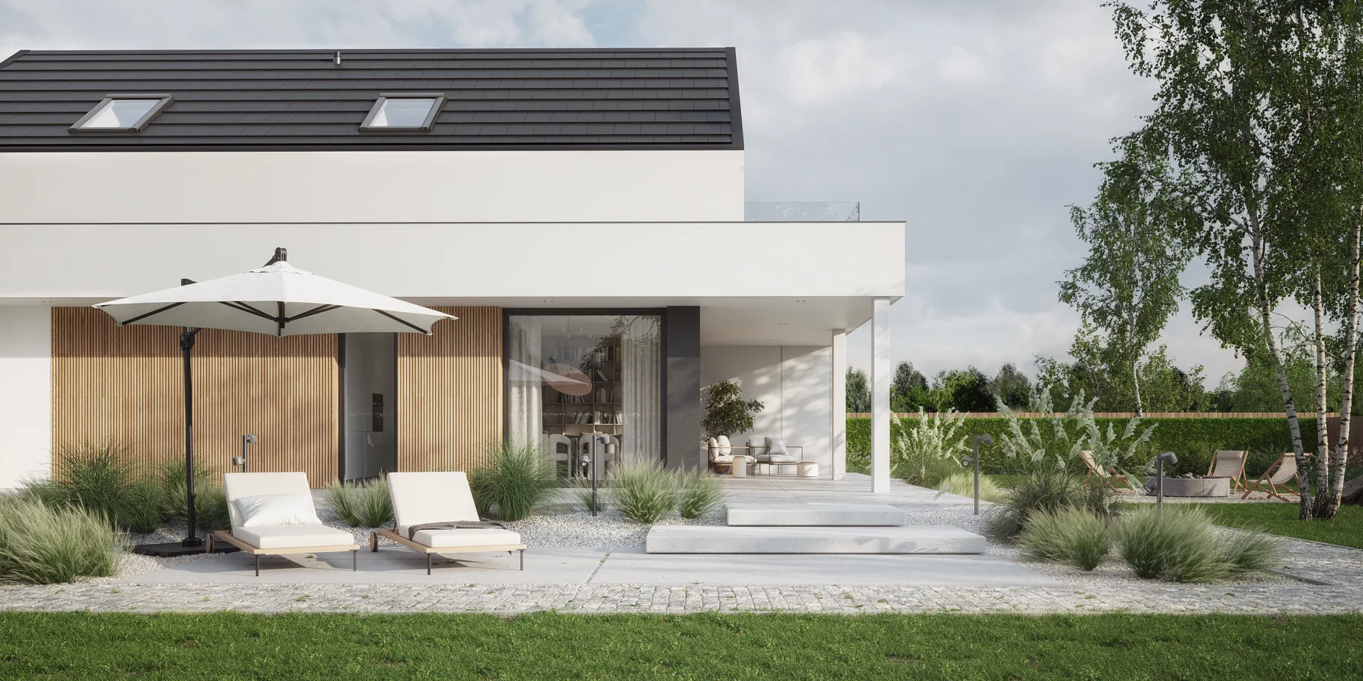 Dom z dachem dwuspadowym i zadaszonym tarasem przy salonie Modern House NewHouse 749