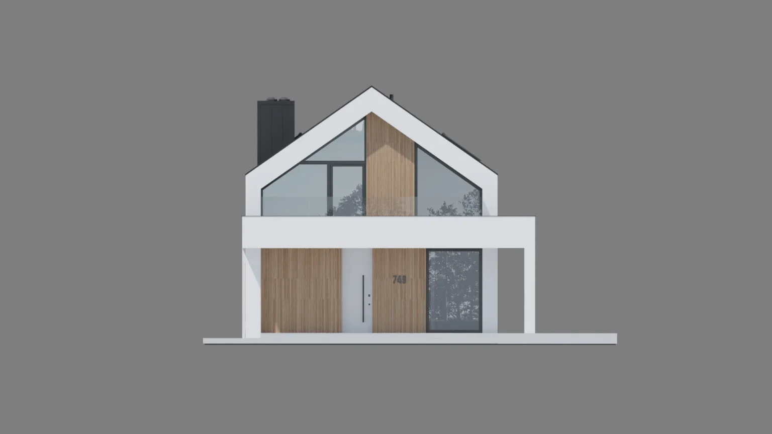 Widok na elewację frontową domu stodoła bez garażu z trapezowymi oknami Modern House NewHouse 749
