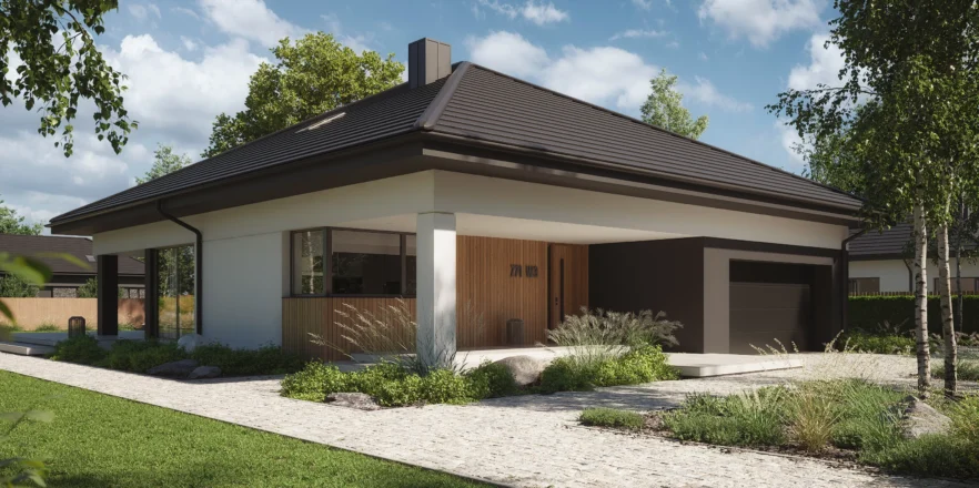 Nowoczesny, parterowy dom jednorodzinny z garażem i dużymi przeszkleniami projekt NewHouse 771 w3