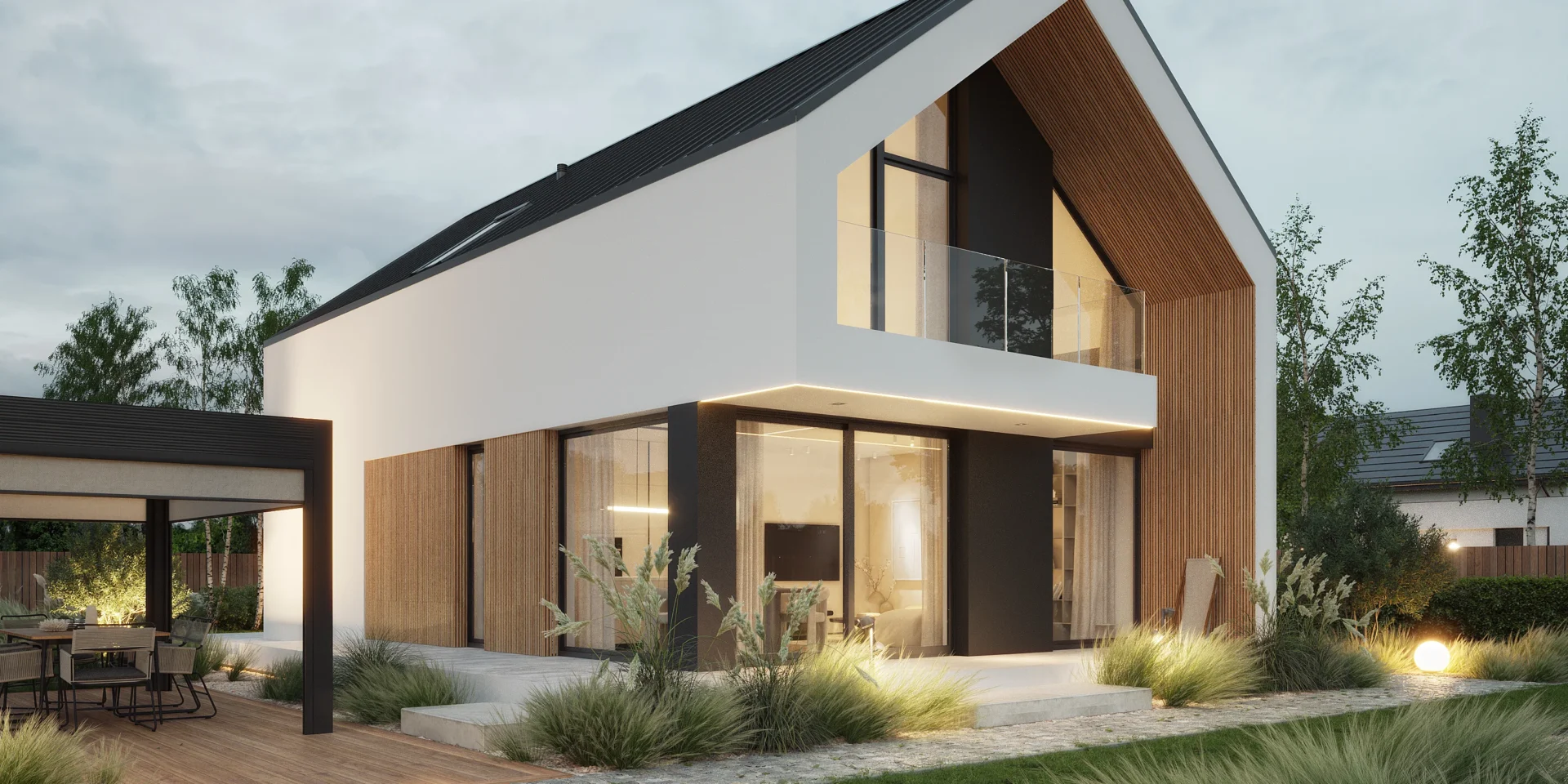 Widok od stronu ogrodu na nowoczesny dom z dużymi przeszkleniami NewHouse 754 w1