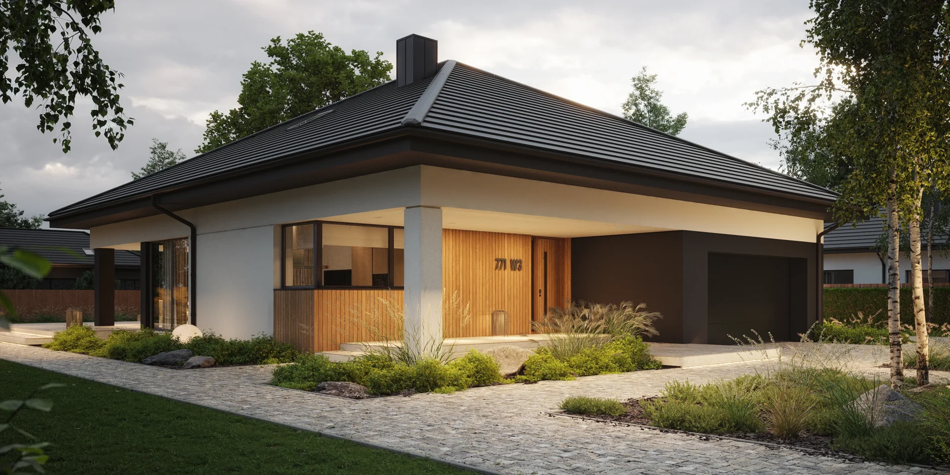 Oświetlony front domu z zadaszonym wejściem z minimalistyczną roślinnością ozdobną projekt NewHouse 771 w3