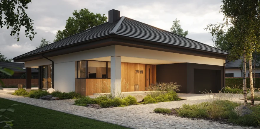 Oświetlony front domu z zadaszonym wejściem z minimalistyczną roślinnością ozdobną projekt NewHouse 771 w3