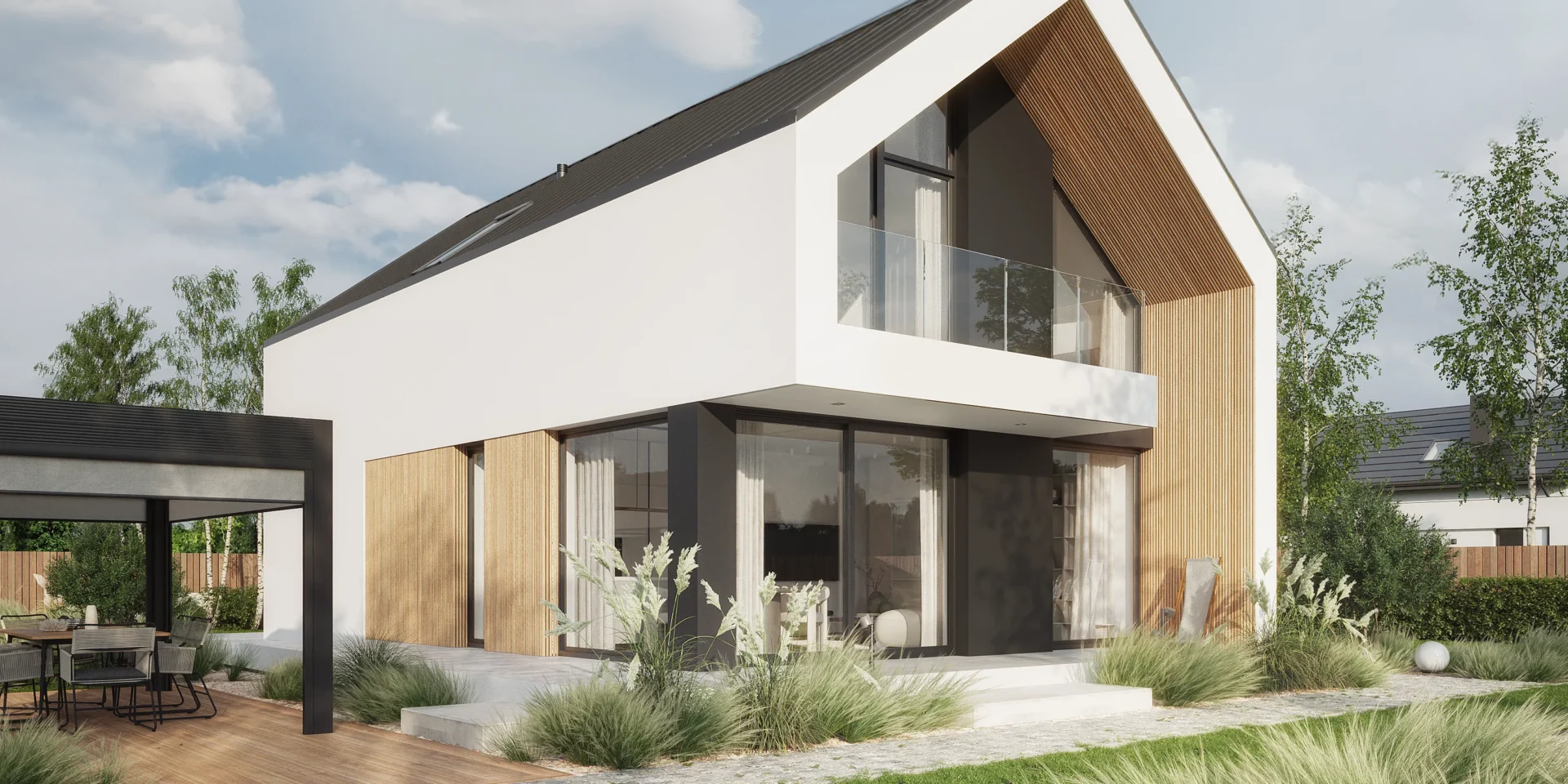 Widok na strefę wypoczynkową znajdującą się za domem NewHouse 754 w1