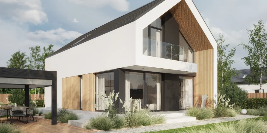 Widok na strefę wypoczynkową znajdującą się za domem NewHouse 754 w1