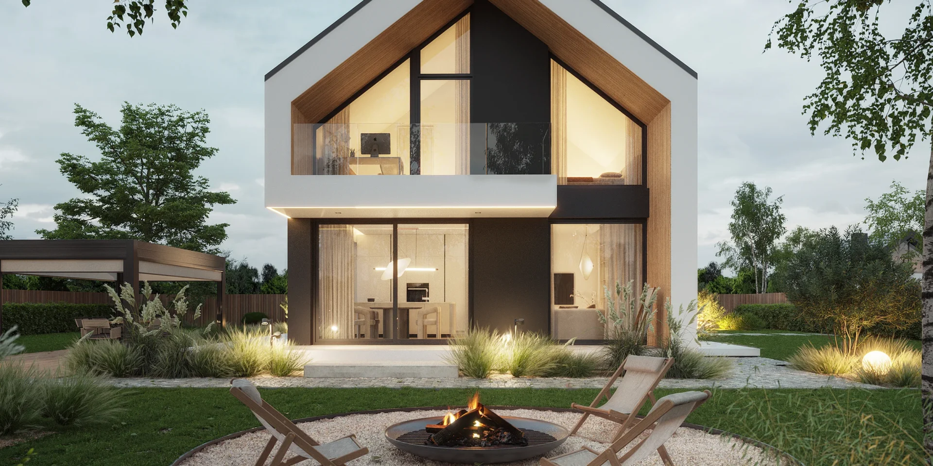 Widok od ogrodu na nowoczesny dom z dużymi przeszkleniami w sypialniach NewHouse 754 w1