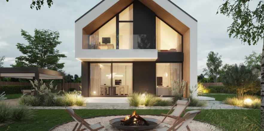 Widok od ogrodu na nowoczesny dom z dużymi przeszkleniami w sypialniach NewHouse 754 w1