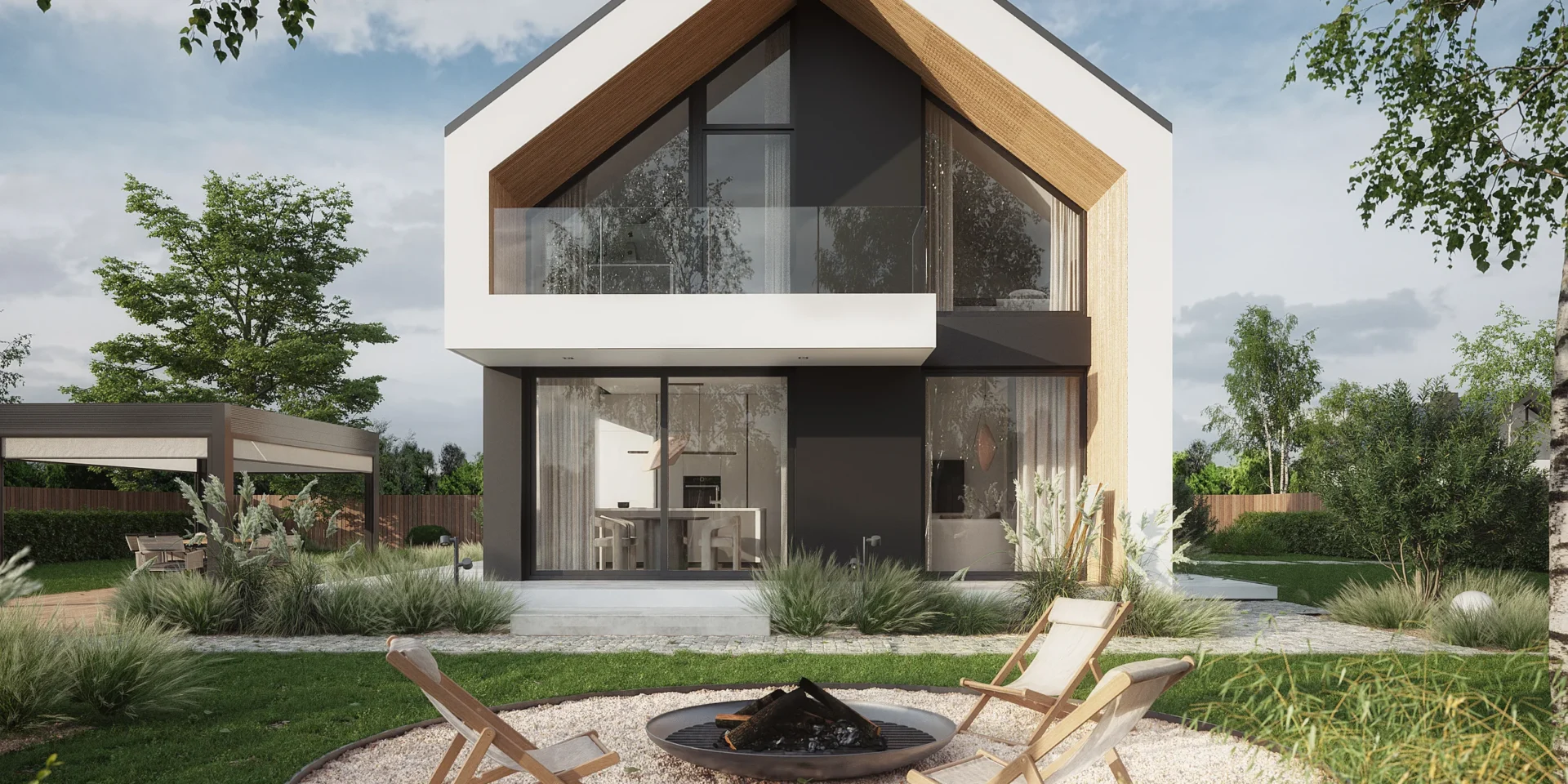 Elewacja ogrodowa biało- grafitowa domu na wąską działkę NewHouse 754 w1