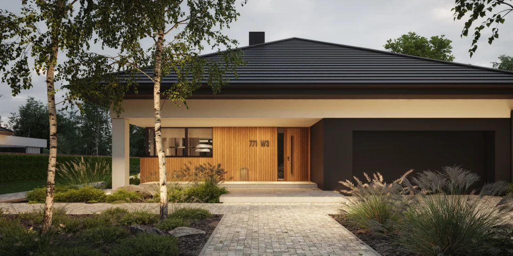 TOP 10 najlepszych projektów domów parterowych 13 04 Katalogowy projekt domu Modern House NewHouse 771 w3 paretrowy z garazem w bryle dach czterospadowy