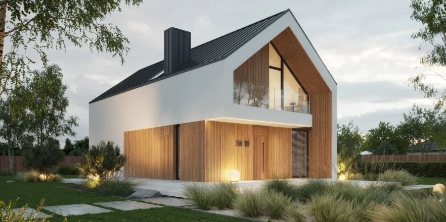 Nowoczesny dom z poddaszem NewHouse 754 w1 bez garażu, z dużymi przeszkleniami