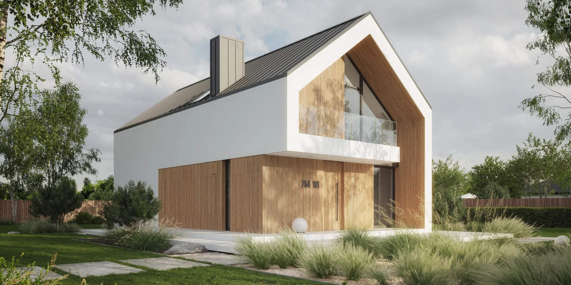 Minimalistyczny dom z poddaszem, duże przeszklenia, biała elewacja z drewnem widok od frontu NewHouse 754 w1