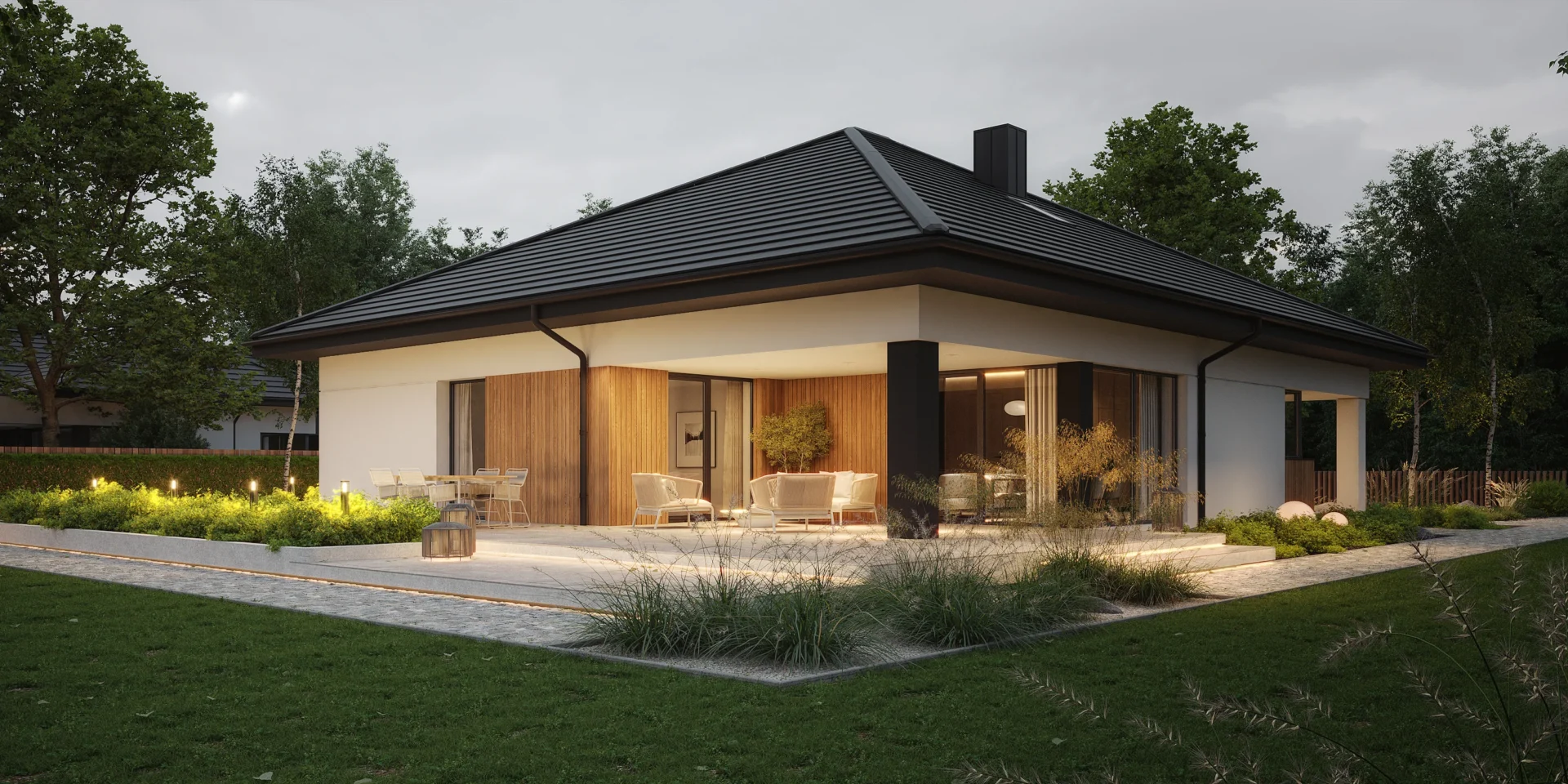 Elegancki taras z oświetleniem przy minimalistycznym domu otoczonym zielenią projekt NewHouse 771 w3