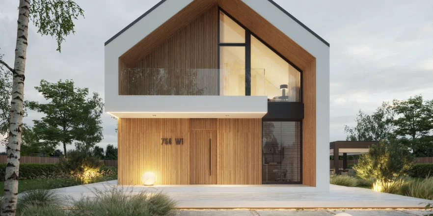 Elewacja frontowa domu wykończona drewnianymi lamelami, balkon nad wejściem połączony ze ścianą okapu NewHouse 754 w1