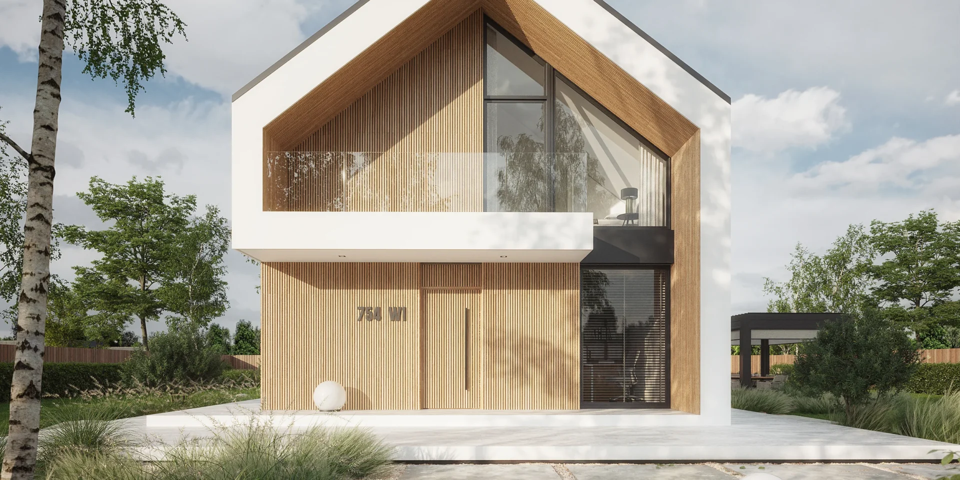 Widok na front nowoczesnego domu na wąską działkę, bez garażu NewHouse 754 w1