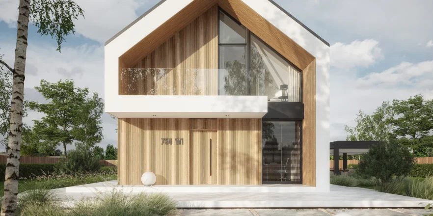 Widok na front nowoczesnego domu na wąską działkę, bez garażu NewHouse 754 w1