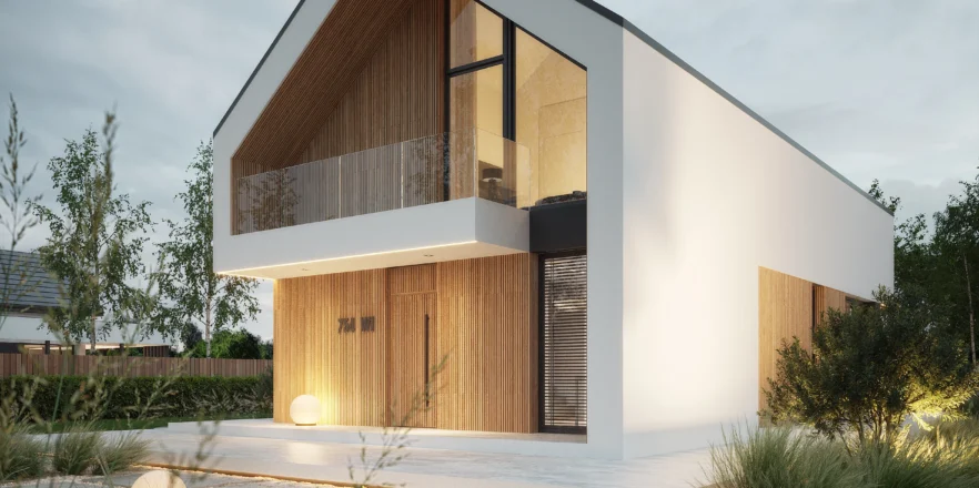 Widok nocą na front domu typu stodoła, biała elewacja z drewnianymi lamelami NewHouse 754 w1