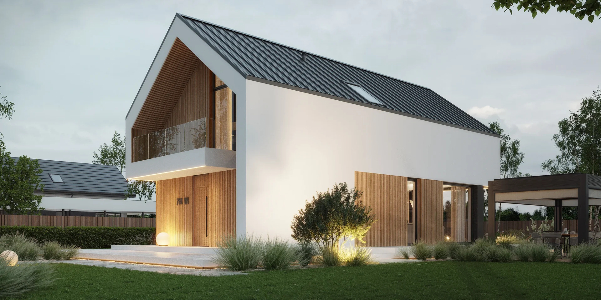 Widok na front i bok domu jednorodzinnego z poddaszem i dachem dwuspadowym NewHouse 754 w1