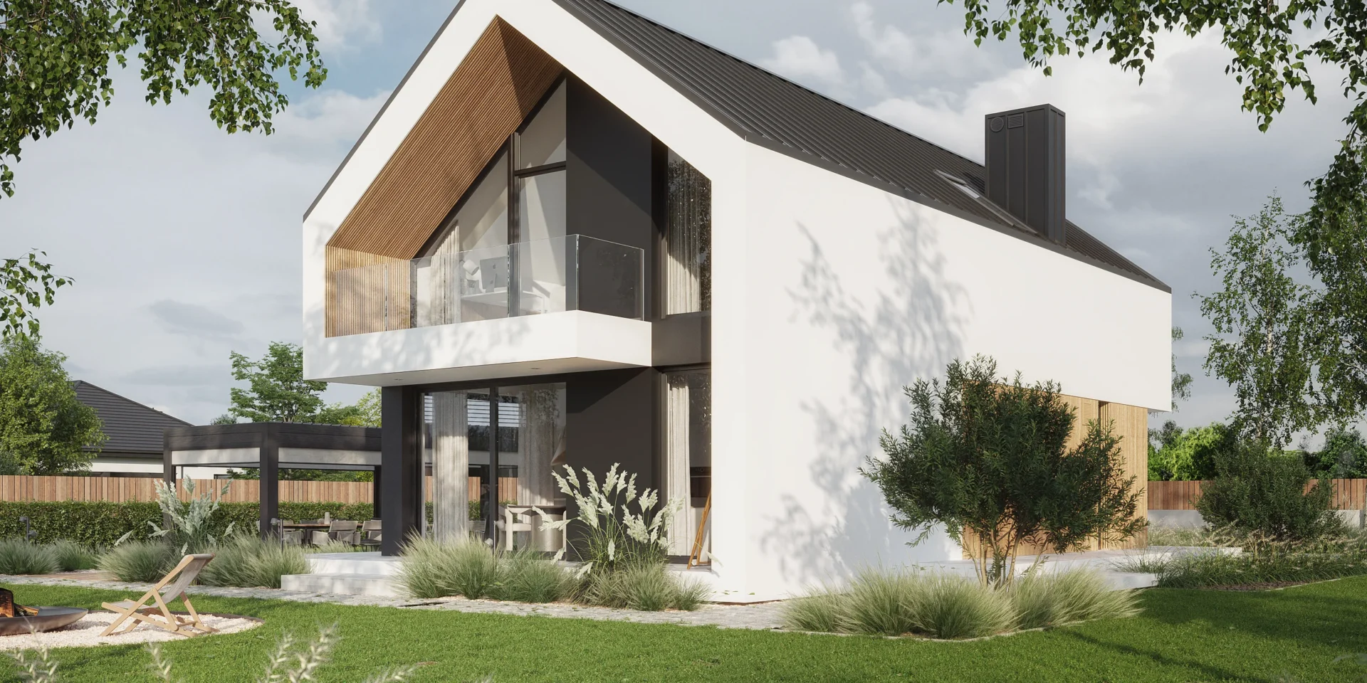Dom w stylu stodoła w biało-grafitowej elewacji z elementami drewna NewHouse 754 w1