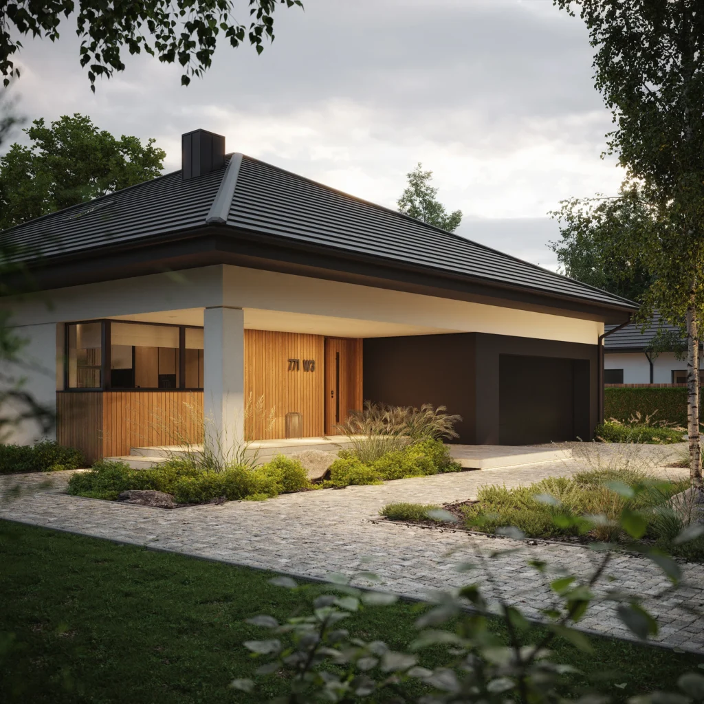 Projekty domów parterowych do 150 m² - 10 propozycji MODERN HOUSE 13 Parterowy dom z czterospadowym dachem, garażem wysuniętym przed lico budynku i zadaszonym wejściem projekt NewHouse 771 w3