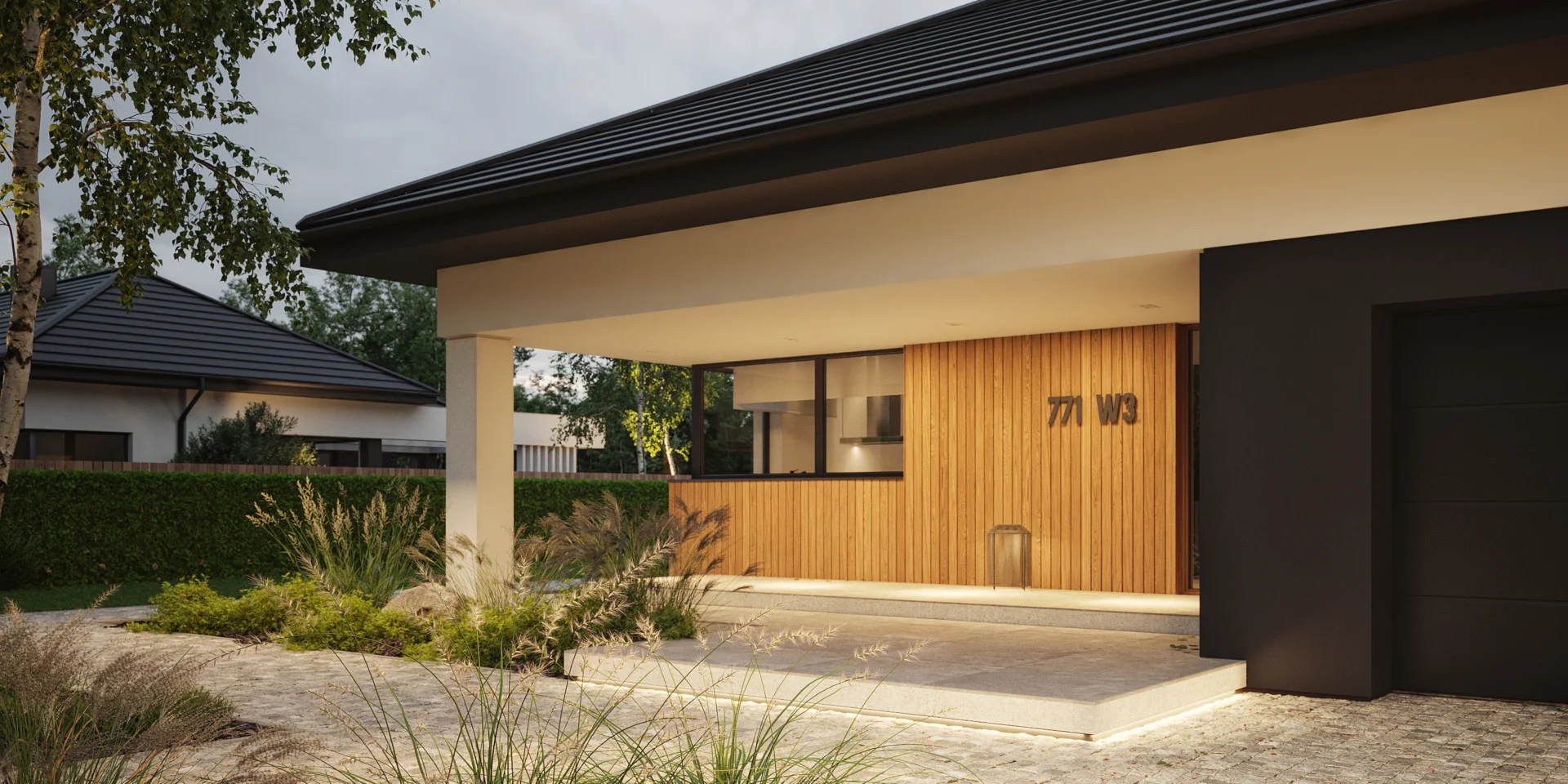 Zadaszona strefa wejściowa do parterowego domu projekt NewHouse 771 w3