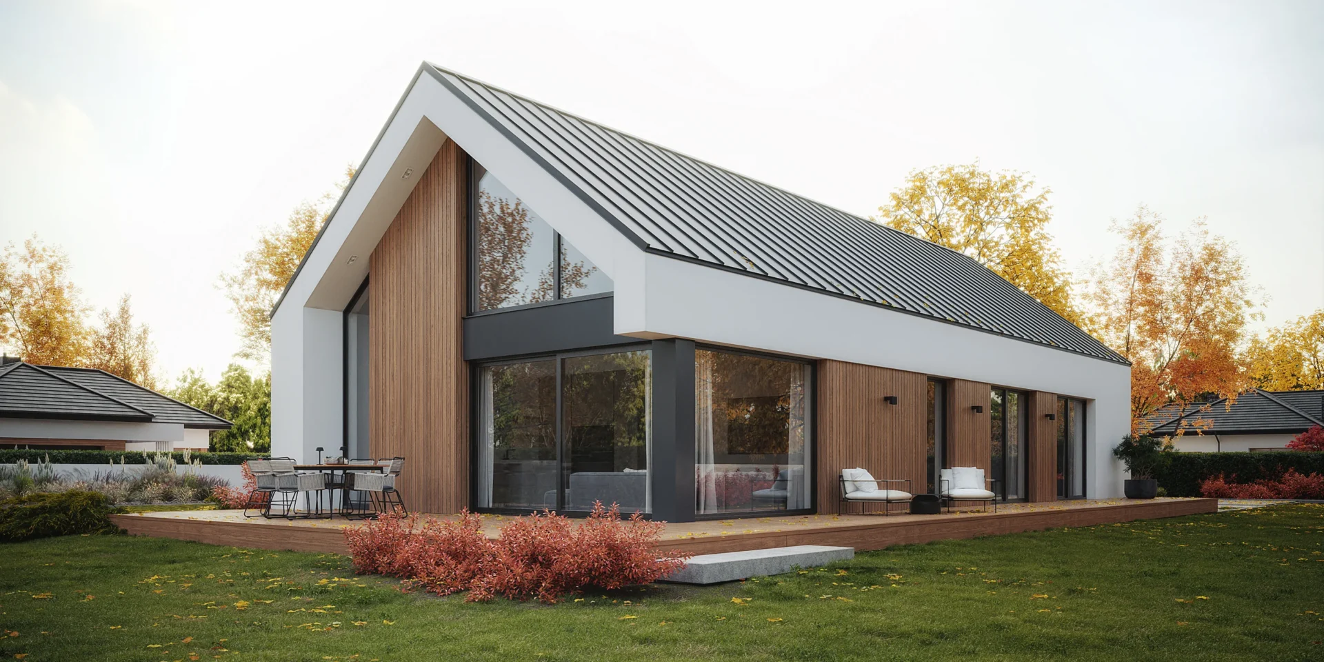 Nowoczesny dom z dużymi przeszkleniami w salonie z wysokim sufitem projekt NewHouse 730 w2