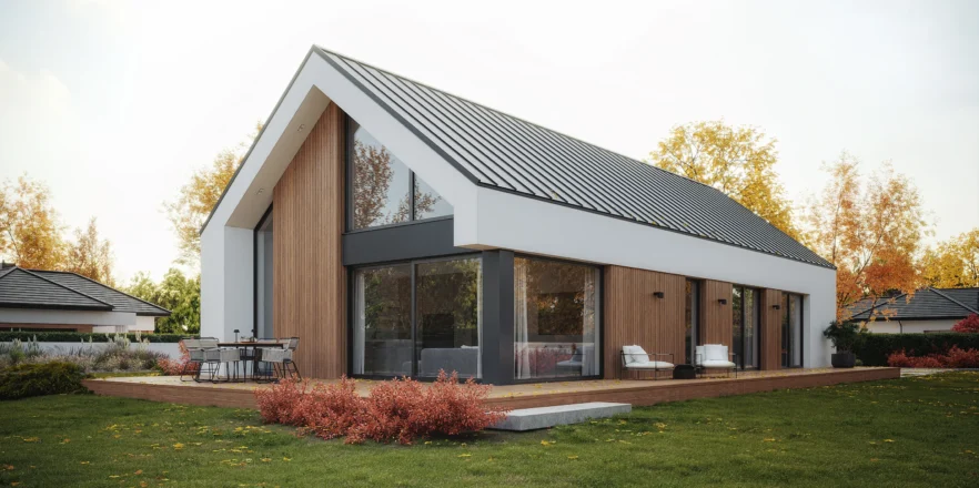 Nowoczesny dom z dużymi przeszkleniami w salonie z wysokim sufitem projekt NewHouse 730 w2