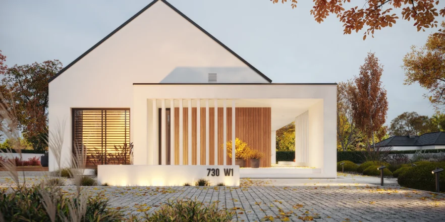 Parterowy dom z dwuspadowym dachem i zadaszoną strefą wejściową wzdłuż budynku projekt NewHouse 730 w1 Modern House