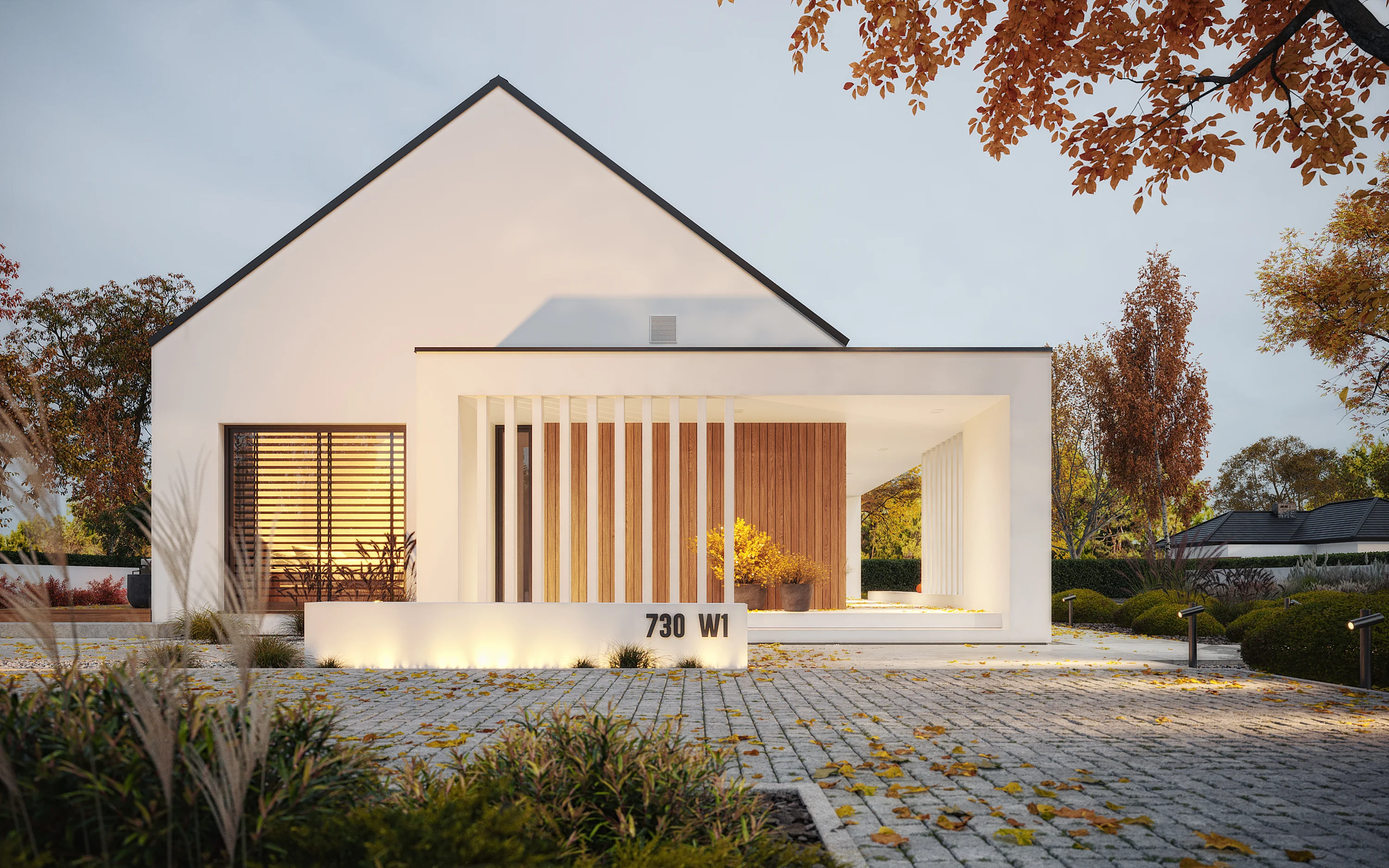 01 Projekt domu parterowego na waska dzialke z wejsciem z boku NewHouse 730 w1 Modern House