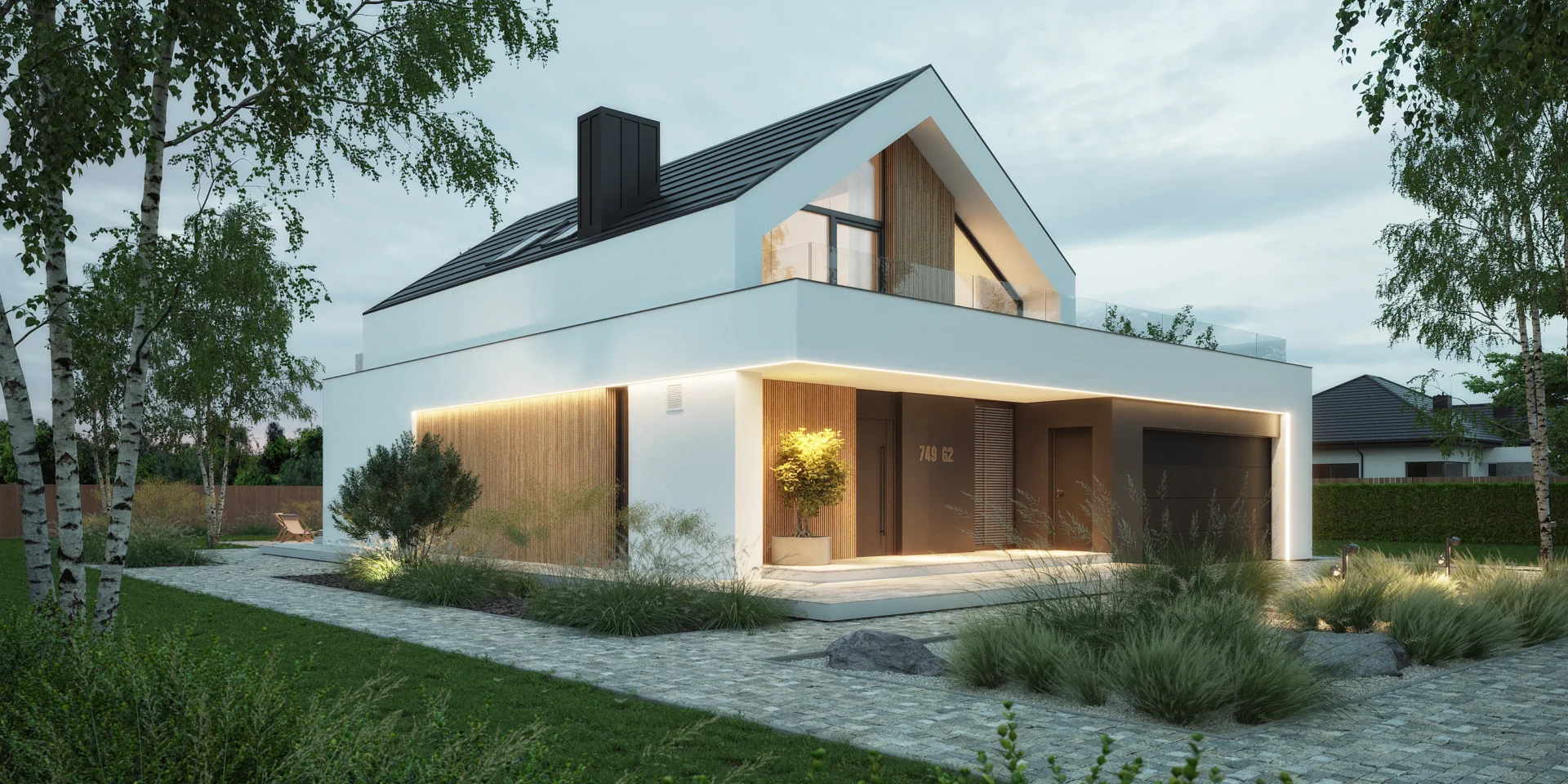 Nowoczesny dom jednorodzinny NewHouse 749 G2 z dachem dwuspadowym i dużymi przeszkleniami
